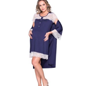Conjunto Camisola com Renda e Robe Azul Marinho