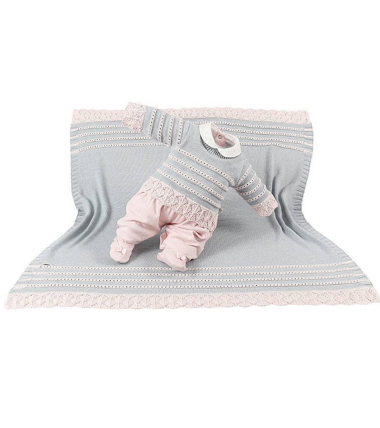 Kit Maternidade Tricot Manta/Macacão Isadora Azul