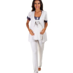 Pijama 3 Peças Mescla com Renda Azul