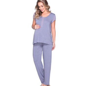 Pijama Bata com Manga Listras Visco Mescla Azul