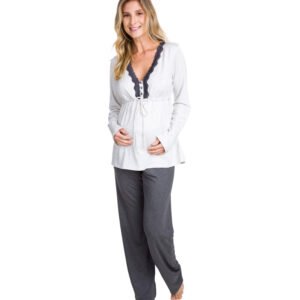 Pijama Gestante Manga Longa Mescla Escuro