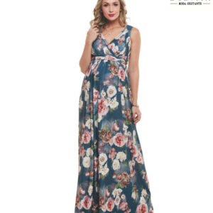 Vestido Longo Decote Drape Estampa Azul