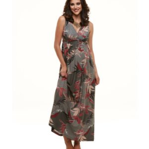 Vestido Longo Decote Drape Etnic Foliage