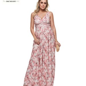 Vestido Longo Decote Drape Floral Rosa