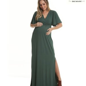 Vestido Longo Manga Evasê Detalhe Costa Verde